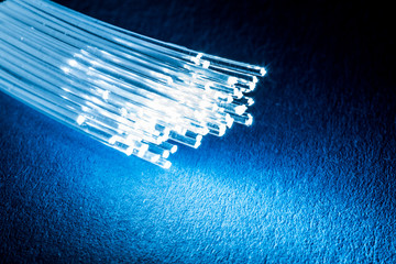 Bundle of optical fibers with lights in the ends. Blue background.