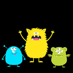 Three colorful monster set. Head face. Cute cartoon scary character. Baby collection. Eyes, tongue horns. Happy Halloween template. Black background. Isolated. Flat design.