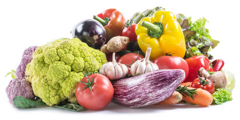 Group of colorful vegetables on white background. Close-up.