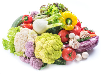 Group of colorful vegetables isolated on white background. Close-up.