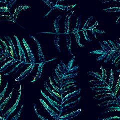 Seamless Realistic Watercolor Greenery Pattern. Hand Drawn Fern Leaves and Branches Print. Summer, Spring Forest Herbs, Plants Texture. Foliage in Vintage Style. Nature Eco Friendly Concept. Textile
