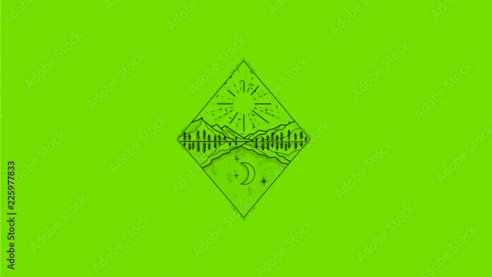 Poster 2d animation motion graphics showing a drawing of day and night symbol with sun and mountains on top