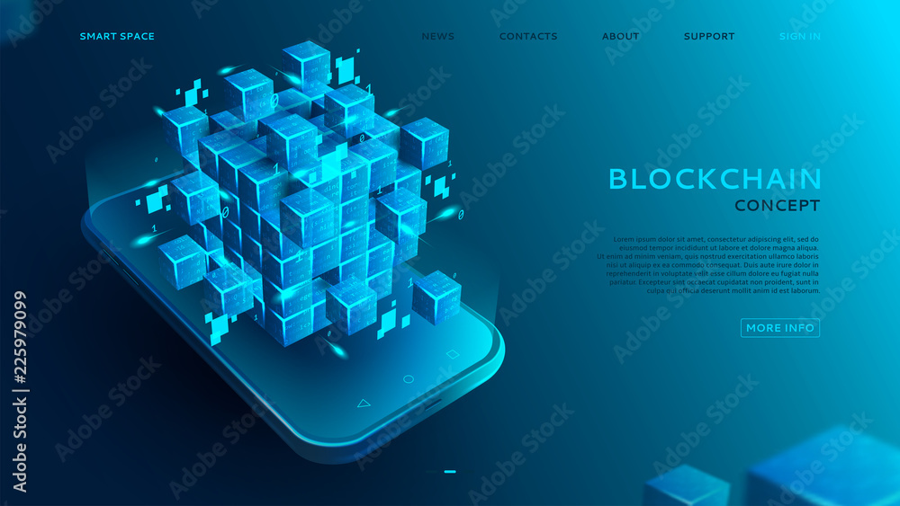 Poster blockchain concept background. 3d abstract digital blocks or cubes constructs database. technology b