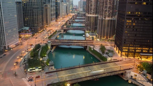 Downtown Chicago River Night to Day Sunrise Timelapse