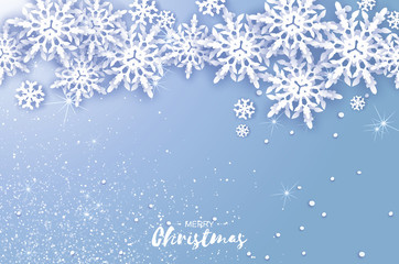 Merry Christmas and Happy New Year Greetings card. White Paper cut snowflakes. Origami Winter Decoration background. Seasonal holidays. Snowfall. Space for text. Blue.