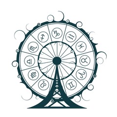 Astrological symbols in the circle. New Year and Christmas celebration card template. Zodiac circle as ferris wheel