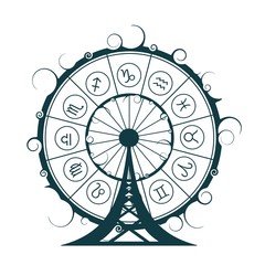 Astrological symbols in the circle. New Year and Christmas celebration card template. Zodiac circle as ferris wheel