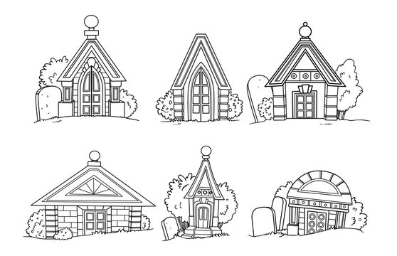 Set of six linear crypt images for coloring isolated on white background