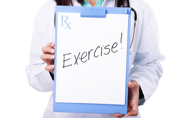 Unrecognizable doctor holding a clippboard to show a special prescription that reads "Exercise!"