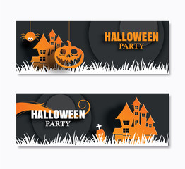 Halloween party invitations banner and greeting cards. Paper art background.