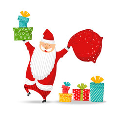 Cartoon Santa Claus set. Funny happy Santa character, pile of gifts, bag with presents, glad, waving and greeting. For new year invitation, cards, banners, tags and labels