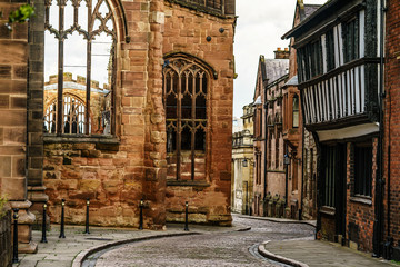 Old English Architecture street in Coventry, destroyed Cathedral from Second World War