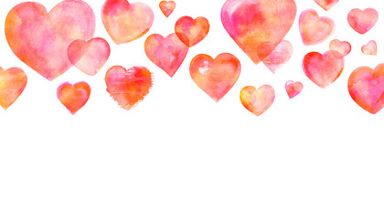 A border with hand drawn watercolor hearts and copy space, a greeting card design template