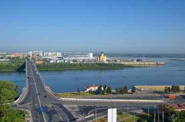 Summer view of the Arrow - the confluence of the Oka and Volga rivers and Kanavinsky bridge over...