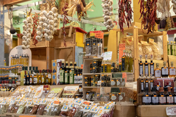 traditional food lined up and sold in the food market in italy