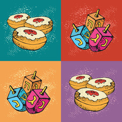 Jewish holiday Hanukkah greeting cards. Set of Traditional Chanukah symbols -  dreidels and donuts. Festival of lights pattern. Pop art vector illustration.