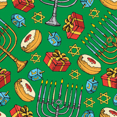 Jewish holiday Hanukkah seamless pattern. Set of traditional Chanukah symbols isolated on white - dreidels, sweets, donuts, menorah candles, star David glowing lights. Doodle Vector template.