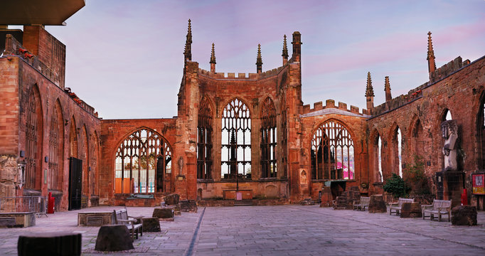 Twilight  photo of Coventry Cathedral which was  bombed by Germans in Second World War.
