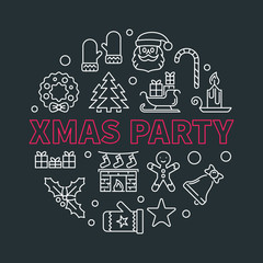 Xmas party round vector line illustration on dark background 