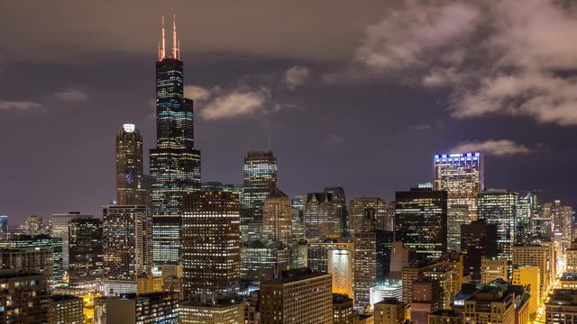 Willis Tower and Chicago Skyline at Night Timelapse