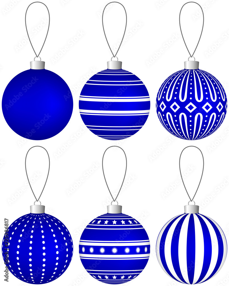 Poster collection of blue christmas balls with pattern hanging on a thread. vector eps 10