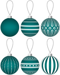 Collection of green Christmas balls with pattern hanging on a thread. Vector EPS 10