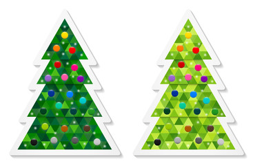 Set of abstract coniferous trees stickers consisting of triangles and decorated with colorful baubles. Two shades of green. Vector EPS 10