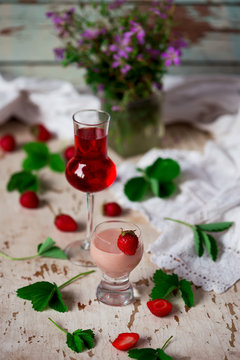 strawberry cream liqueur.style vintage. selective focus