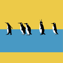 penguins walk on blue and yellow background
