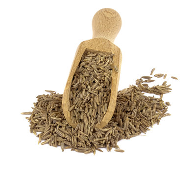 Cumin seed on wooden scoop isolated on white background