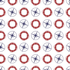 Nautical seamless pattern with compas and ring lifebuoy.