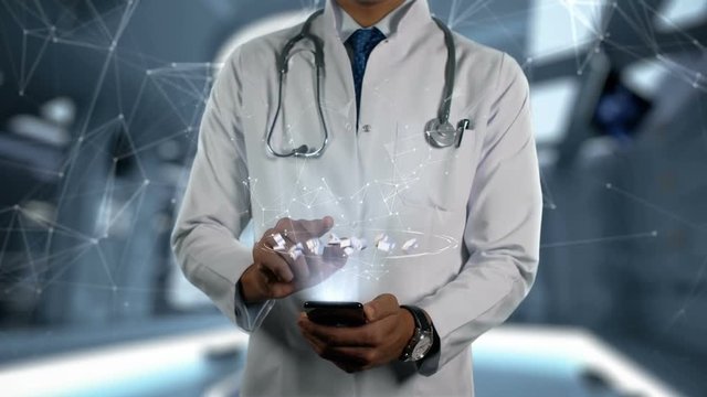 SILDENAFIL CITRATE - Male Doctor With Mobile Phone Opens and Touches Hologram Active Ingrident of Medicine