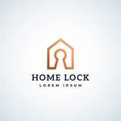 Abstract Vector Sign, Symbol or Logo Template. Home Lock Real Estate Symbol. Lock Hole in a House Frame with Modern Typography.