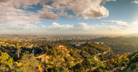 Los Angeles Cityscape seen from the Griffith Observatory. Hiking and healthy lifestyle in Los Angeles, California.