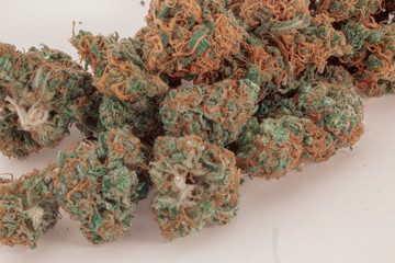 Close up of a pile of 2 different kinds of marijuana buds mixed together with a white background.