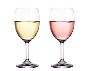 White and red wine in glass isolated on white background.