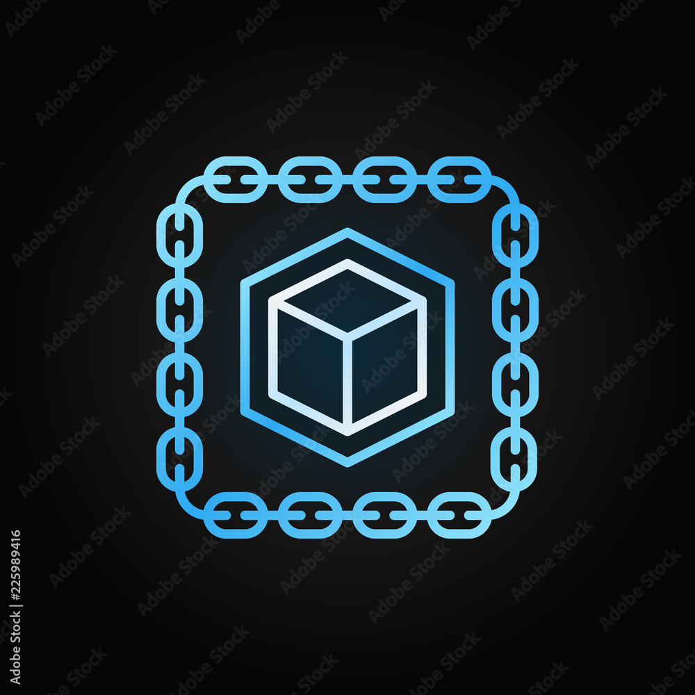 Poster chain with cube blue line icon. blockchain vector outline sign