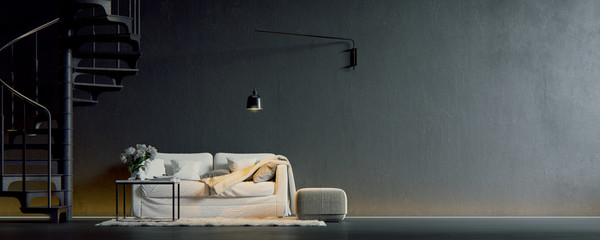 sofa in black vintage loft environment with spiral stairs