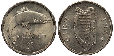 Ireland Irish coin 2 two shillings (florin) 1964, salmon, fish, legend Ireland, harp divides...