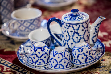 ceramic vintage tea pot, Asian tea sets, traditional tableware. Set of Thai porcelain