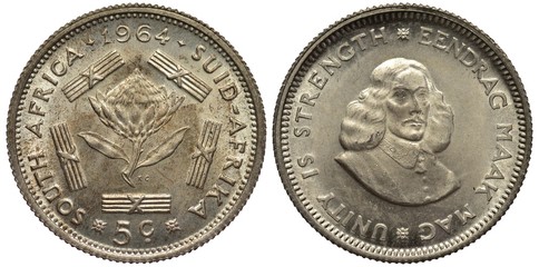 South Africa African Republic silver coin 5 cents 1964, Protea flower surrounded by designed bars, bust of Jan van Riebeeck 1/4 right, 