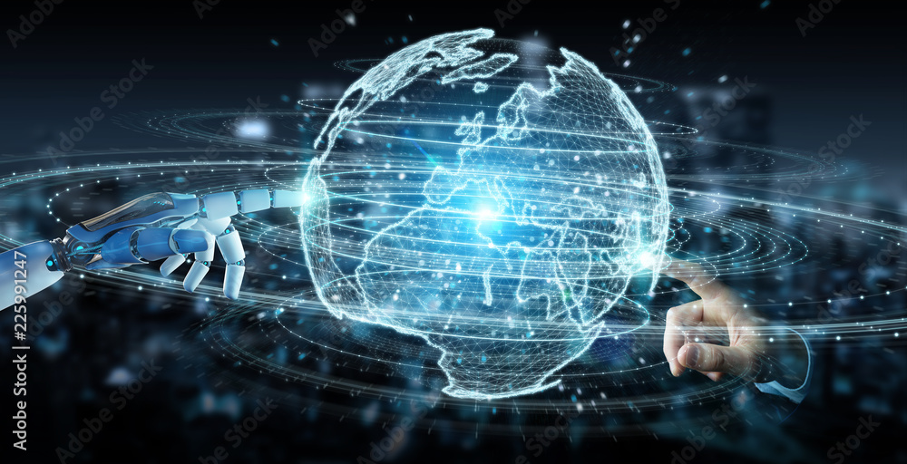 Aufkleber white humanoid hand using globe network hologram with europe map 3d rendering