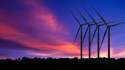Silhouettes Wind turbine power generators at sunset, Alternative renewable energy production, Large wind turbine for electric © physicsjoey
