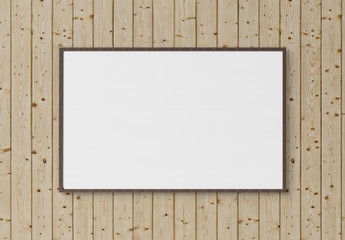 Black rectangular horizontal frame hanging on a white wall mockup 3D rendering