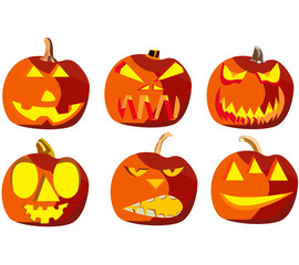 Set of six pumpkins for Halloween, objects isolated on white background