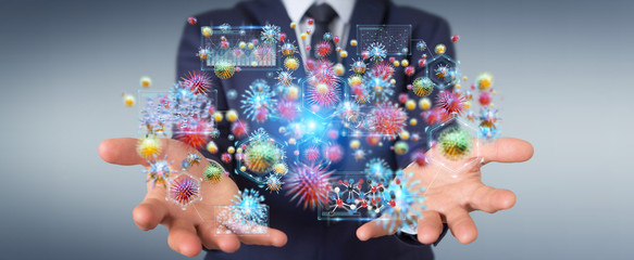 Businessman analyzing bacteria microscopic close-up 3D rendering