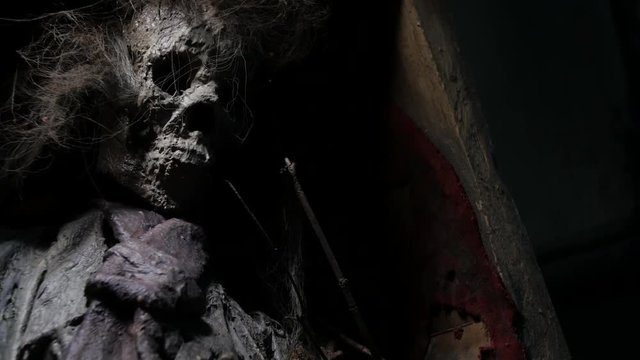 Scary corpse close up tilt up in coffin