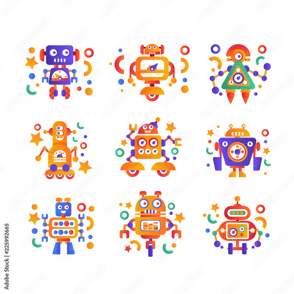 Poster cute funny robots set, android characters, artificial robotics machine colorful vector illustration 