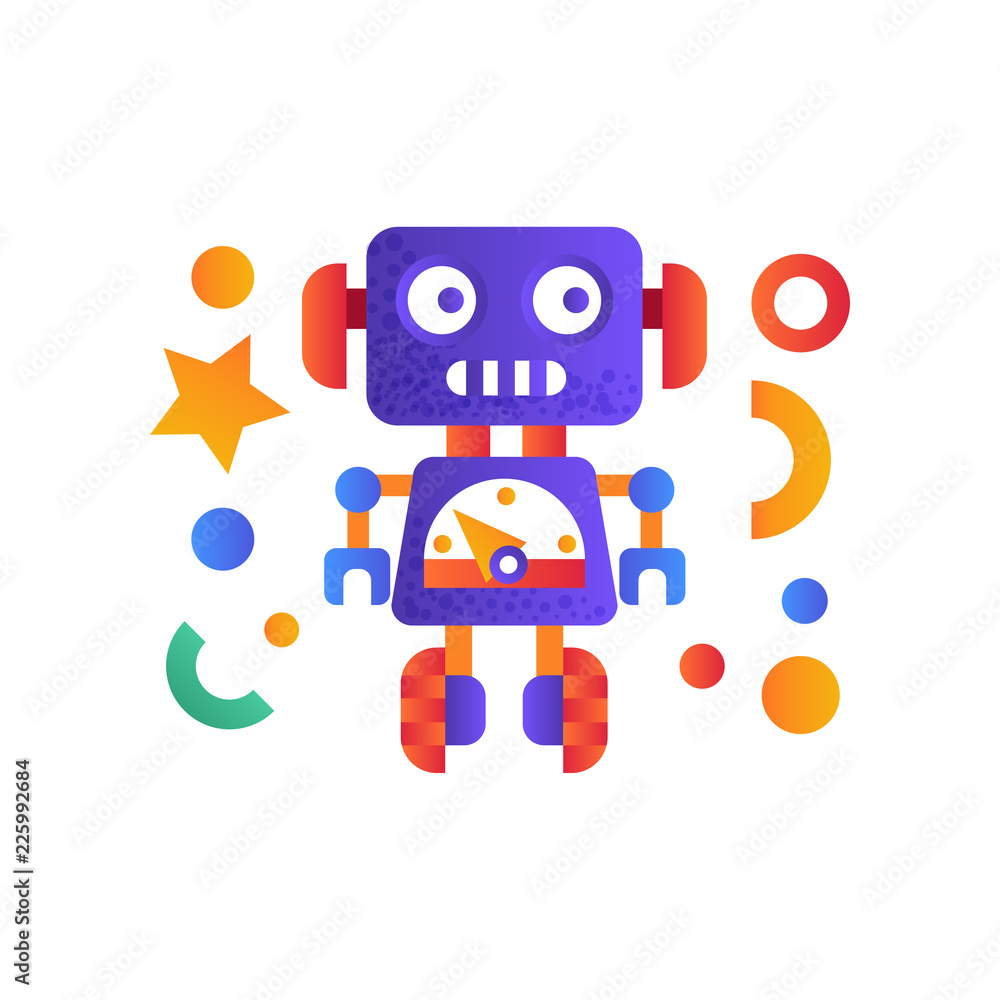 Poster cute funny robot, android character, artificial robotics machine vector illustration on a white back