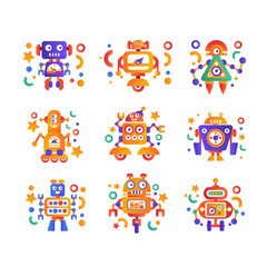 Cute funny robots set, android characters, artificial robotics machine colorful vector Illustration on a white background